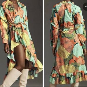 NEW Farm Rio Anthropologie Long Sleeve Floral Midi Dress Beaded Tassel Size XS